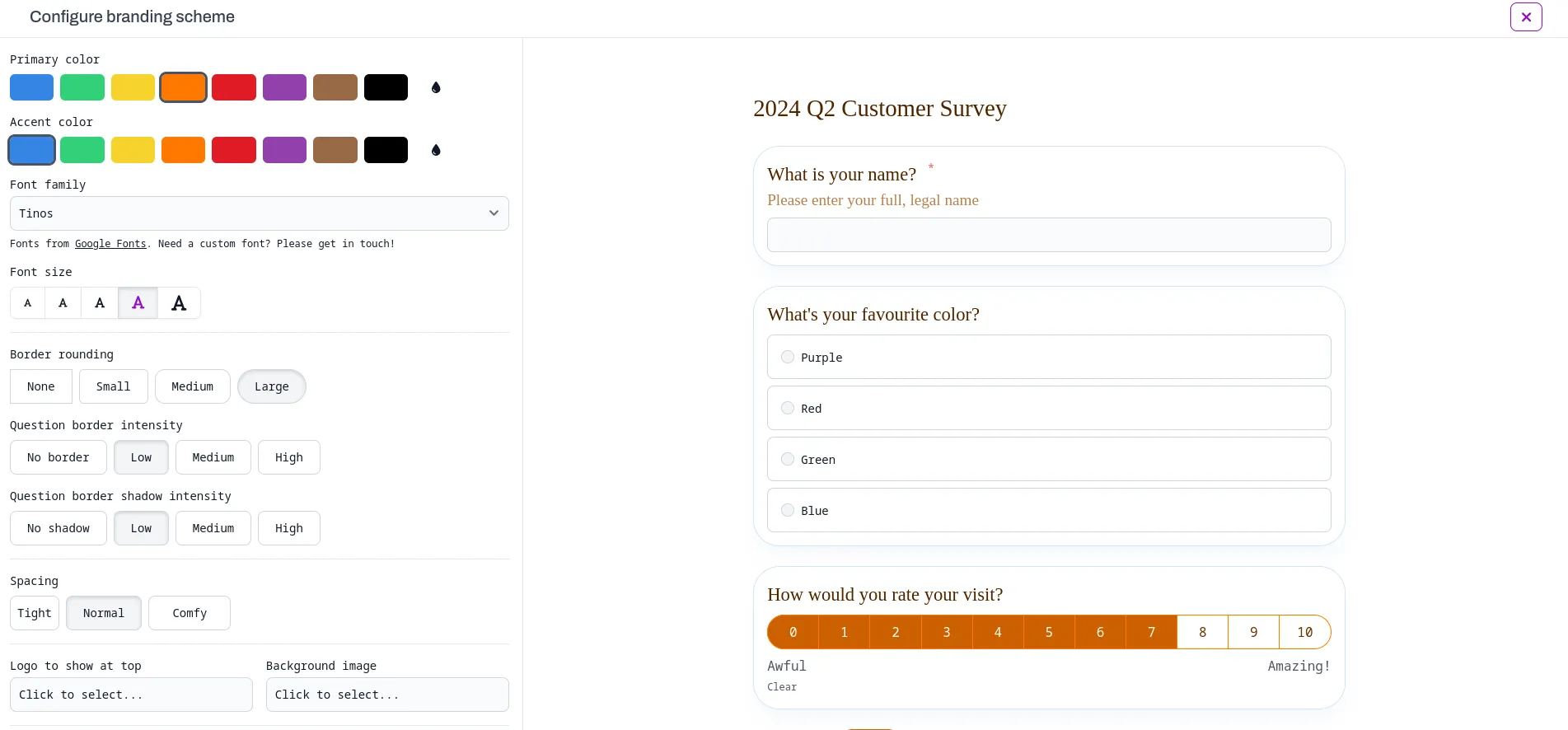 Modal with various settings to customise the font, scale, colour, and other design elements of the form. A live preview is shown on the right.